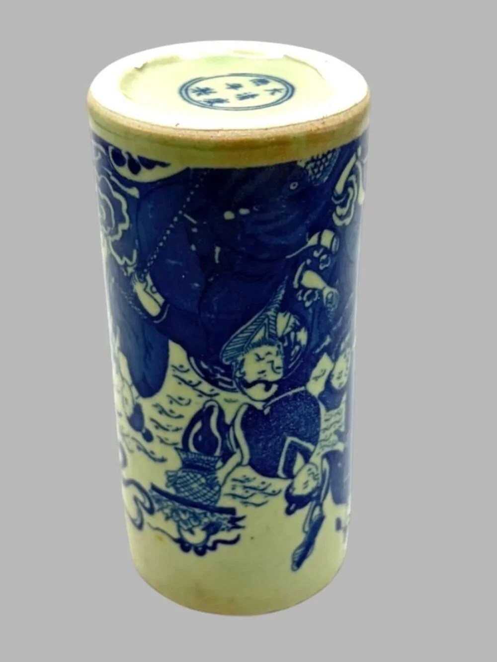 Vintage Kangxi Marked Jingdezhen Porcelain Blue White Celadon Brush Pot